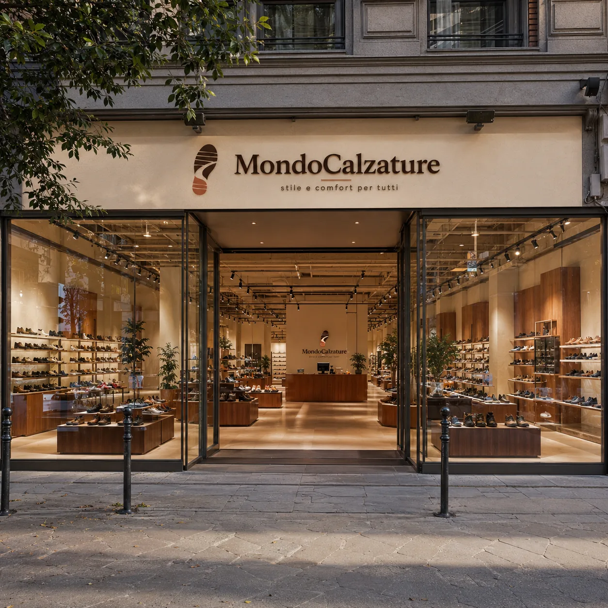 Packaging MondoCalzature: scatola in cartone con biglietto Grazie e shopping bag bordeaux